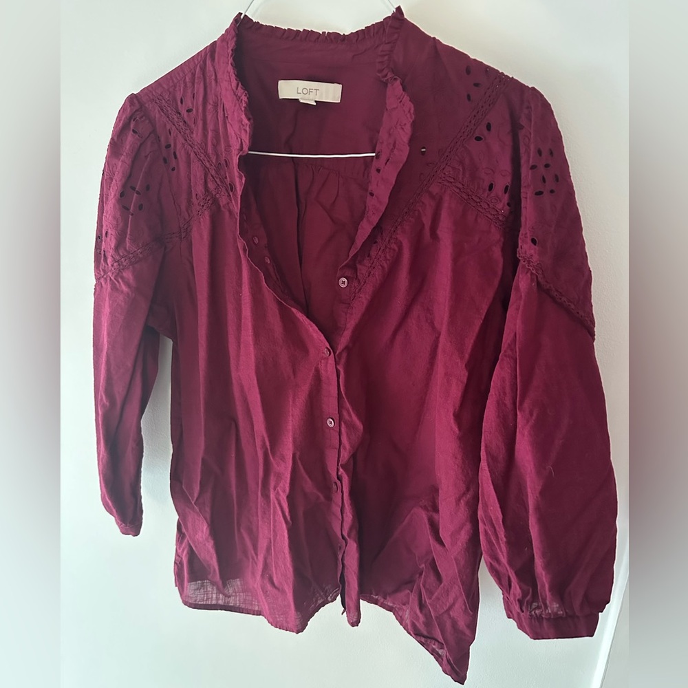 NWOT plum ruffle eyelet Cotton Shirt